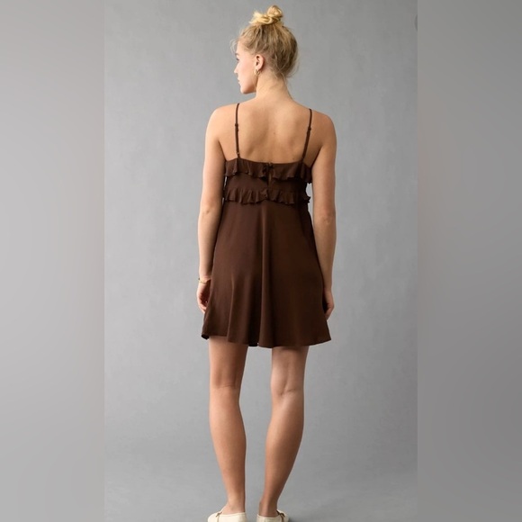 NWT American Eagle Outfitters Brown Ruffle Mini Dress Size L - Picture 3 of 10